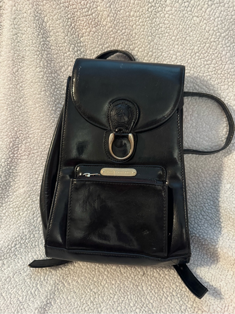 Classic Black Leather Backpack with Front Zip Pocket Polo Ralph Lauren B19 New